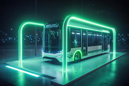 futuristic electric bus charging station, with green energy and sparks flying, created with generative aiの素材