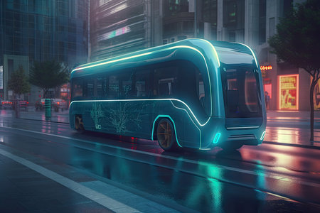 futuristic electric bus driving down busy city street, surrounded by futuristic buildings, created with generative aiの素材