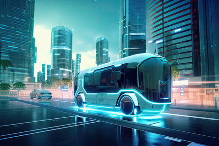 futuristic electric bus driving down busy city street, surrounded by futuristic buildings, created with generative aiの素材
