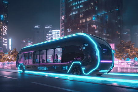 futuristic electric bus on futuristic city street with flying cars and holographic advertisements, created with generative aiの素材
