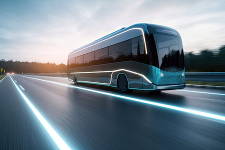 futuristic electric bus speeding along a highway, with sleek and modern design, created with generative aiの素材