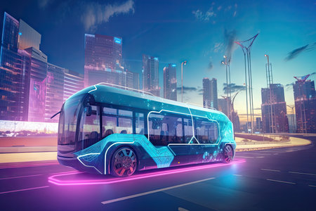 futuristic electric bus drives past futuristic city, with holographic advertisements and flying autonomous vehicles in the sky, created with generative aiの素材