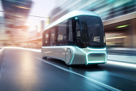 futuristic electric bus in motion, with blur of the cityscape in the background, created with generative aiの素材