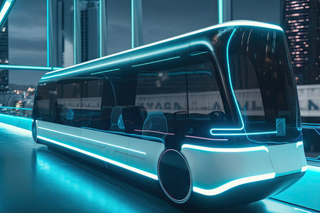 futuristic electric bus traveling through futuristic city, with driver and passengers visible, created with generative aiの素材