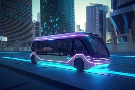 futuristic electric bus traveling through futuristic city, with driver and passengers visible, created with generative aiの素材