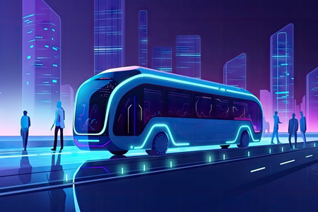 futuristic electric bus traveling through futuristic city, with driver and passengers visible, created with generative aiの素材