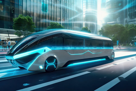 futuristic electric bus traveling through futuristic city, with driver and passengers visible, created with generative aiの素材