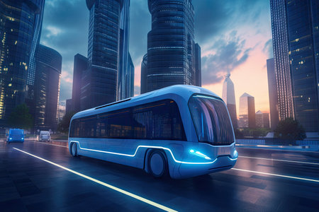 futuristic electric bus driving through futuristic city with towering skyscrapers, created with generative aiの素材
