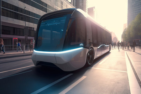 futuristic electric bus on city street, with people rushing to and from work, created with generative aiの素材