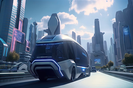 futuristic electric bus speeding past futuristic cityscape, with towering buildings and flying cars in the background, created with generative aiの素材