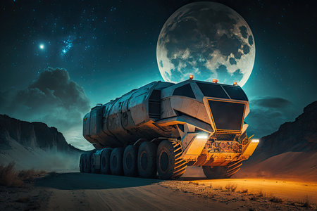 futuristic truck on dirt track, with view of the moonlit night sky, created with generative aiの素材
