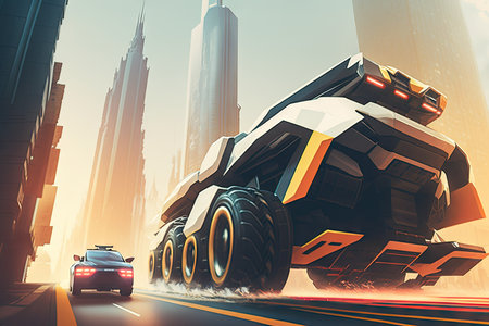 futuristic truck rally through futuristic city, passing by towering skyscrapers and flying vehicles, created with generative aiの素材