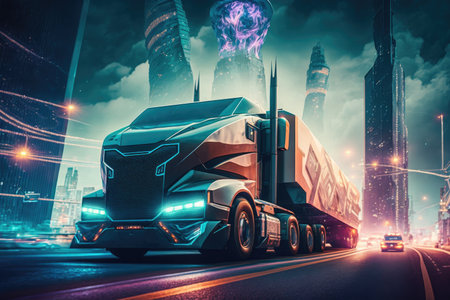 futuristic truck driving through futuristic city, surrounded by towering skyscrapers and holograms, created with generative aiの素材