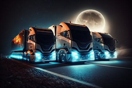 team of futuristic trucks speeding through the night, with headlights casting light on the road, created with generative aiの素材