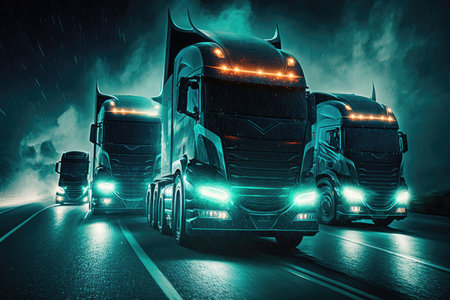 team of futuristic trucks speeding through the night, with headlights casting light on the road, created with generative aiの素材