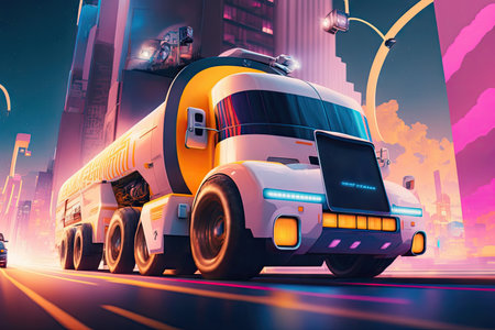 futuristic truck rallying through the futuristic city, with flying cars and holographic billboards, created with generative aiの素材