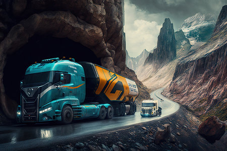 rally race between futuristic trucks on dangerous mountain roads, created with generative aiの素材