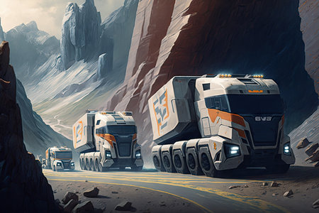rally race between futuristic trucks on dangerous mountain roads, created with generative aiの素材