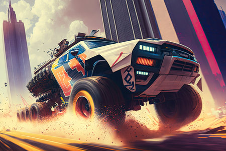 rally truck speeding past futuristic cityscape with tall buildings and flying cars, created with generative aiの素材