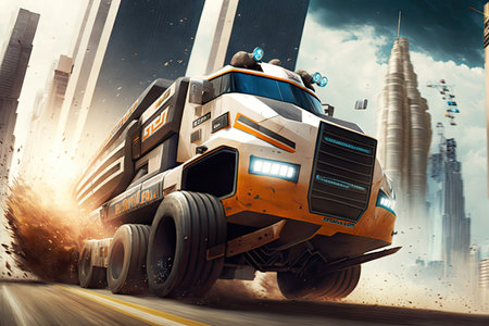 rally truck speeding past futuristic cityscape with tall buildings and flying cars, created with generative aiの素材