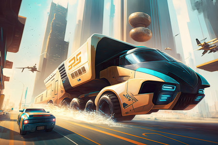 racing truck speeding through futuristic city, with towering buildings and flying cars in the background, created with generative aiの素材