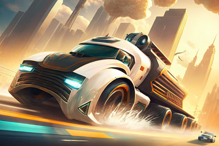 racing truck speeding through futuristic city, with towering buildings and flying cars in the background, created with generative aiの素材