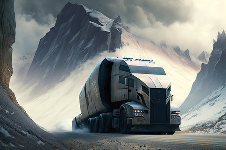 futuristic truck driver negotiates treacherous mountain pass, created with generative aiの素材