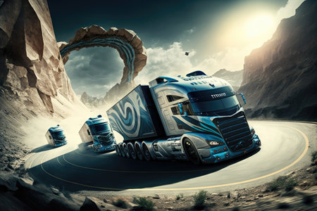 futuristic truck racing on twisting mountain road, with competitors in close pursuit, created with generative aiの素材