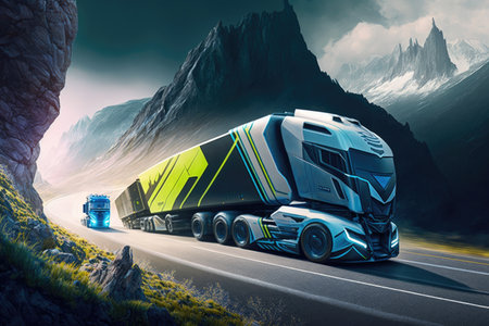futuristic truck racing on twisting mountain road, with competitors in close pursuit, created with generative aiの素材