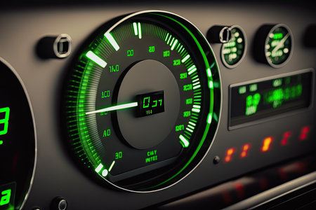 close-up of futuristic trucks dashboard, with speedometer and indicator lights in view, created with generative aiの素材