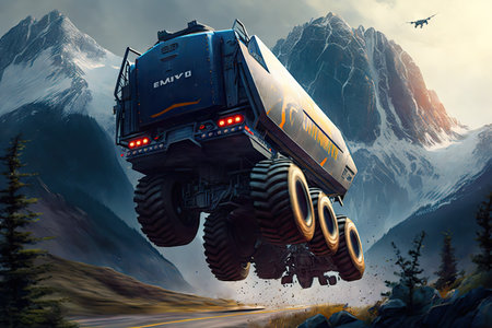 futuristic truck jumping over ravine, with the view of majestic mountains in the background, created with generative aiの素材
