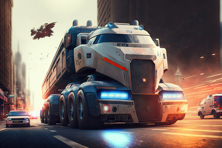 futuristic truck racing through city, with police car in pursuit, created with generative aiの素材