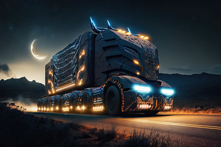 futuristic truck speeding through the night, with headlights through the darkness, created with generative aiの素材