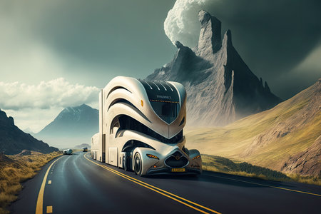 futuristic truck racing on twisty mountain road, with spectacular vistas visible in the background, created with generative aiの素材