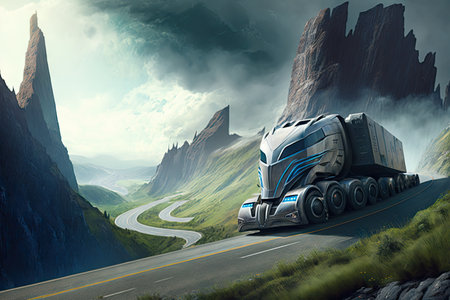futuristic truck racing on twisty mountain road, with spectacular vistas visible in the background, created with generative aiの素材
