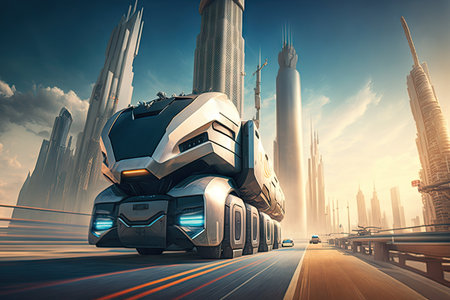 futuristic truck driving through futuristic city, with towering skyscrapers and flying vehicles in the background, created with generative aiの素材