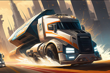 high-tech rally truck speeding past futuristic cityscape, with skyscrapers and flying cars in the background, created with generative aiの素材