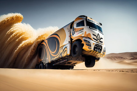 futuristic truck, flying through the air and performing acrobatic stunts during rally, created with generative aiの素材