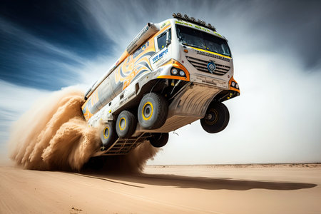 futuristic truck, flying through the air and performing acrobatic stunts during rally, created with generative aiの素材