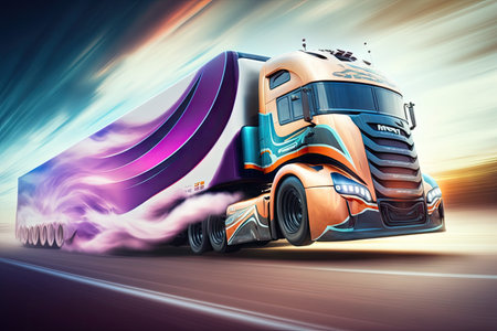 futuristic truck racing on twisty track, with the drivers skill and speed determining the winner, created with generative aiの素材