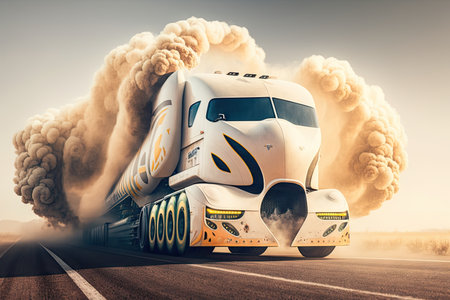 futuristic truck, flying above the track with smoke coming from the tires, created with generative aiの素材