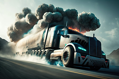 futuristic truck, flying above the track with smoke coming from the tires, created with generative aiの素材