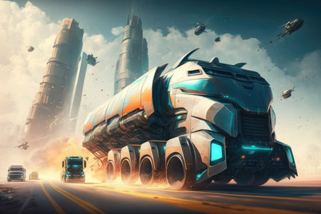 futuristic truck racing through futuristic city, with buildings and flying vehicles in the background, created with generative aiの素材