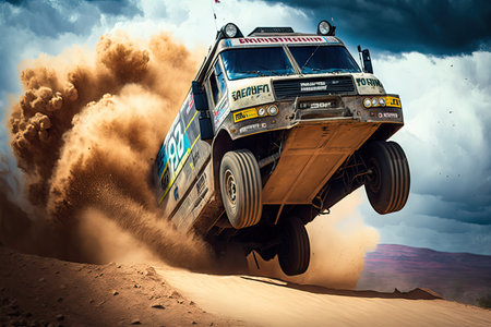 rally truck flying through the air, with driver navigating tricky jump, created with generative aiの素材