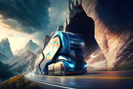 futuristic truck racing on twisty mountain road, with the driver demonstrating skill and precision, created with generative aiの素材