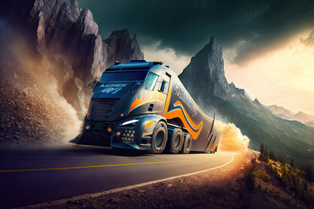 futuristic truck racing on twisty mountain road, with the driver demonstrating skill and precision, created with generative aiの素材