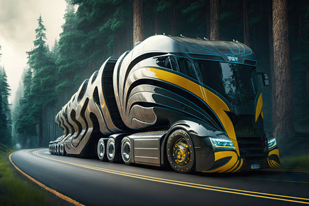 futuristic truck racing down winding forest road, created with generative aiの素材