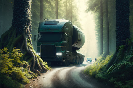winding road through dense forest, with futuristic truck hot on the pursuit, created with generative aiの素材