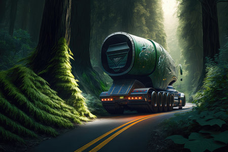 winding road through dense forest, with futuristic truck hot on the pursuit, created with generative aiの素材