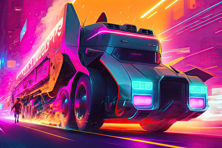 futuristic truck racing through futuristic, neon-colored cityscape, created with generative aiの素材